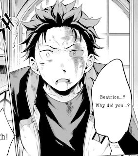 Manga panel of Subaru from Re:Zero looking shocked with dialogue text about Beatrice