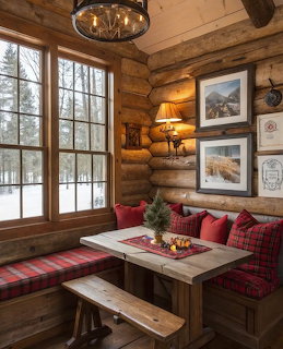 Rustic log cabin interior with plaid bench seating, wooden table, framed pictures, and snowy forest outside the windows.