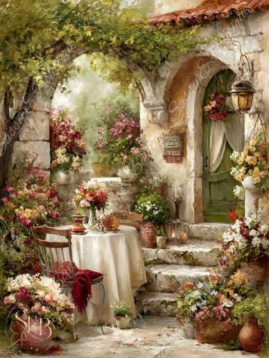 Green wooden door on a cottage porch with potted plants and rustic decor