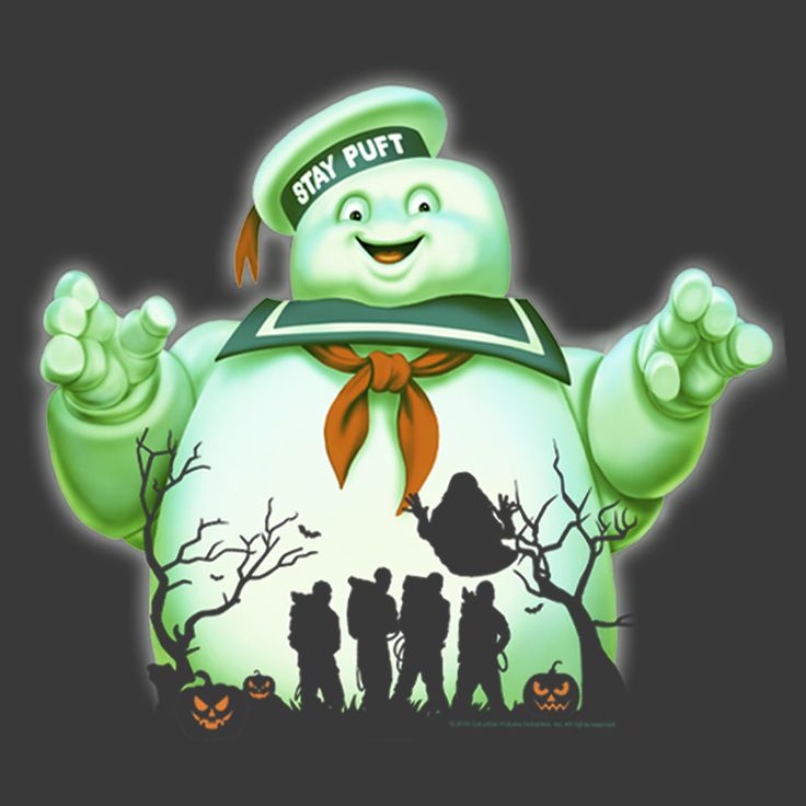 Glowing Stay Puft figure with trick-or-treater silhouettes and pumpkins on a dark background