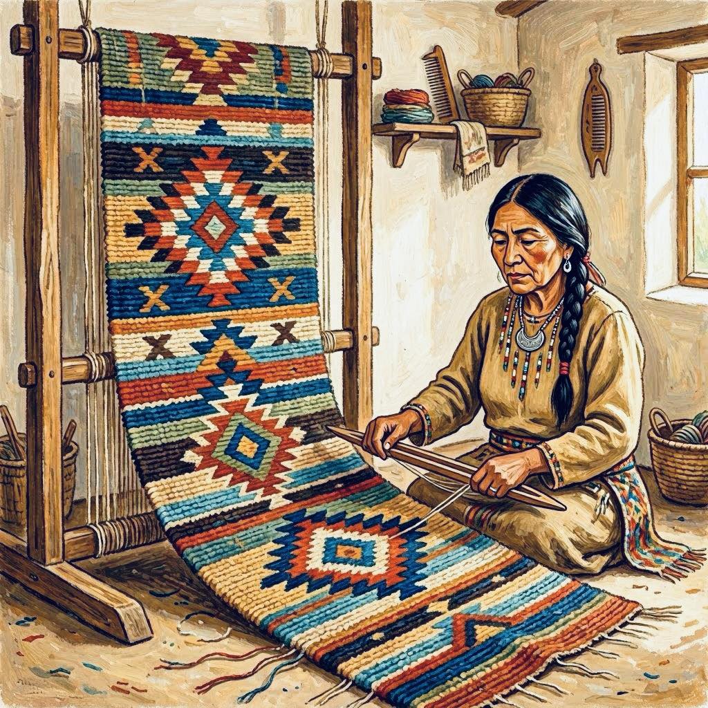 Native American Woman Weaving a Rug