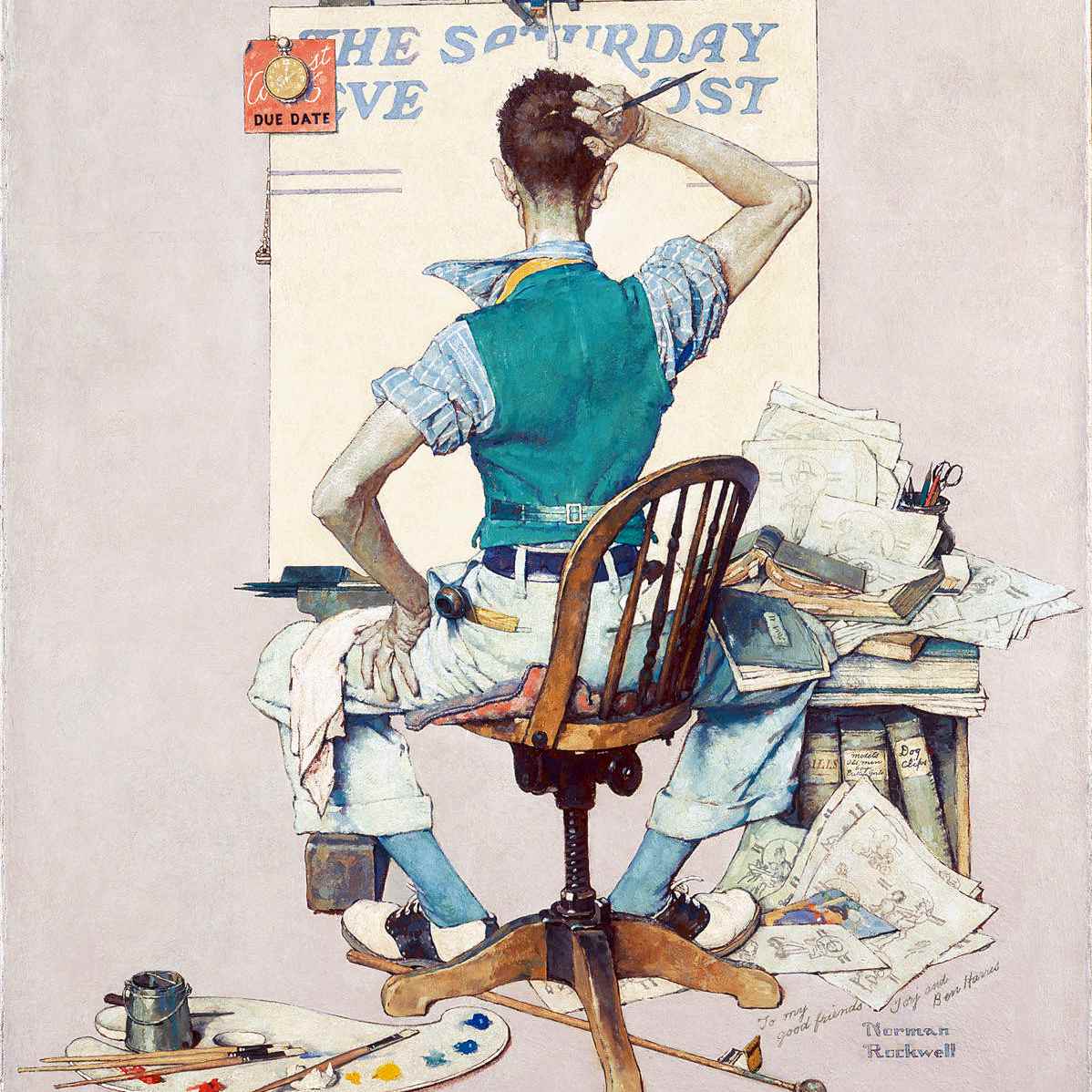 Norman Rockwell painting of an artist from behind scratching his head before a blank Saturday Evening Post canvas