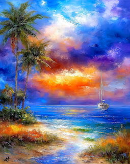 Oil painting of tropical beach sunset with palm trees and sailboat on blue ocean under colorful sky