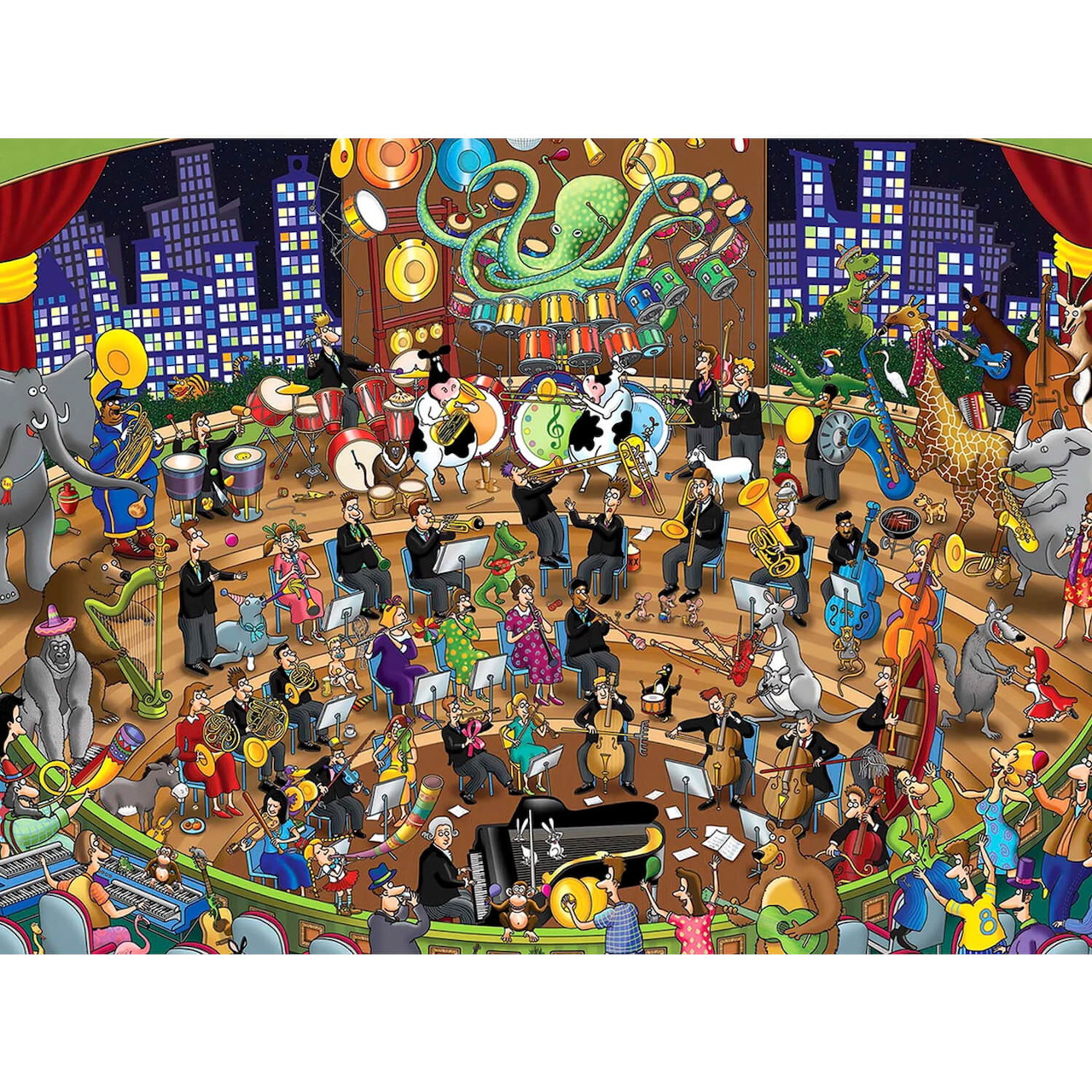 Crowded cartoon ballroom scene with many animated characters celebrating together under festive decorations