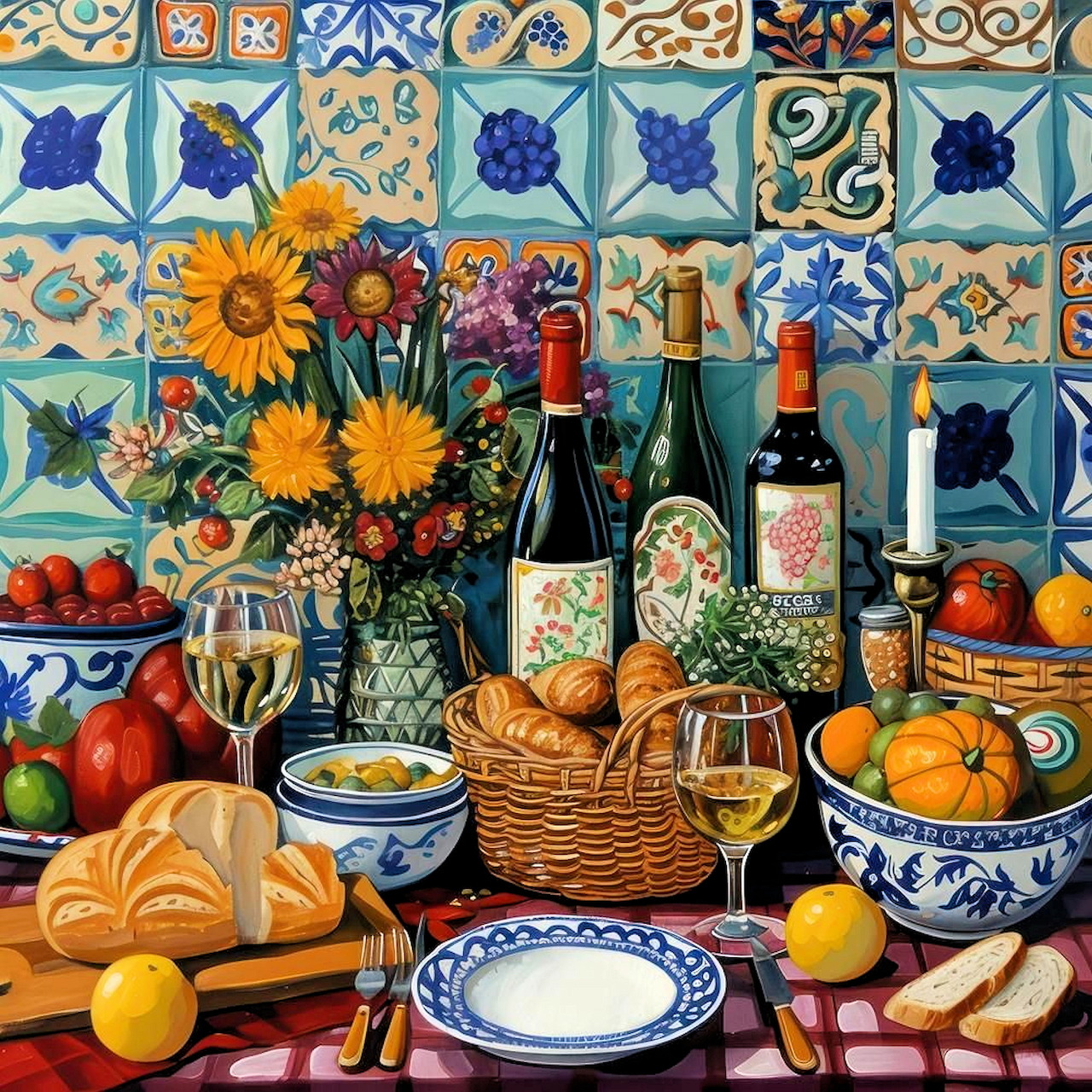 Painting of Italian food, wine bottles, sunflowers and fruit against colorful decorative tile background