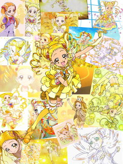 Collage of yellow-themed PreCure anime magical girls in various art styles with Cure Lemonade in center
