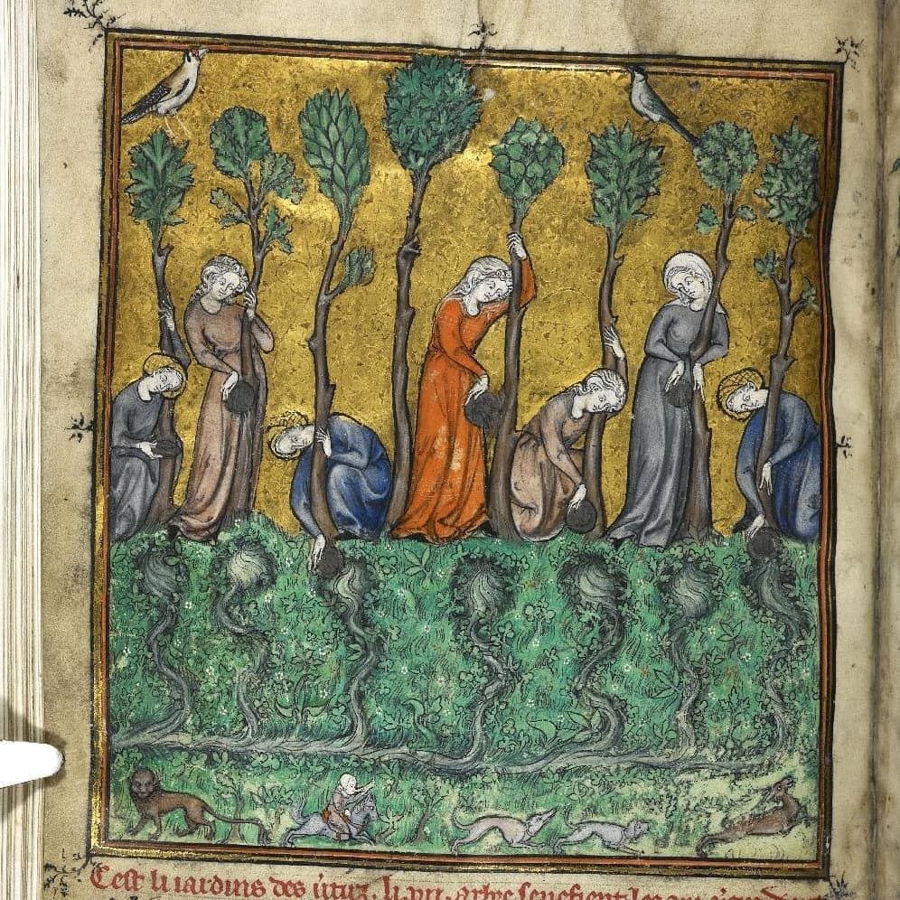 Medieval manuscript illustration with robed figures standing among trees on gold leaf background