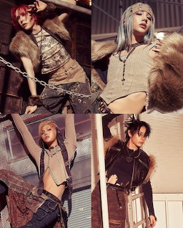 K-pop group members posing together in stylish coordinated outfits
