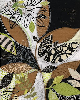 Abstract tree with patterned leaves in earth tones and geometric designs