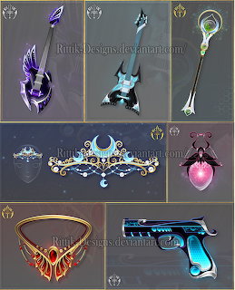 Grid of fantasy weapon and accessory concept art with guitars, staffs, necklace, and sci-fi gun