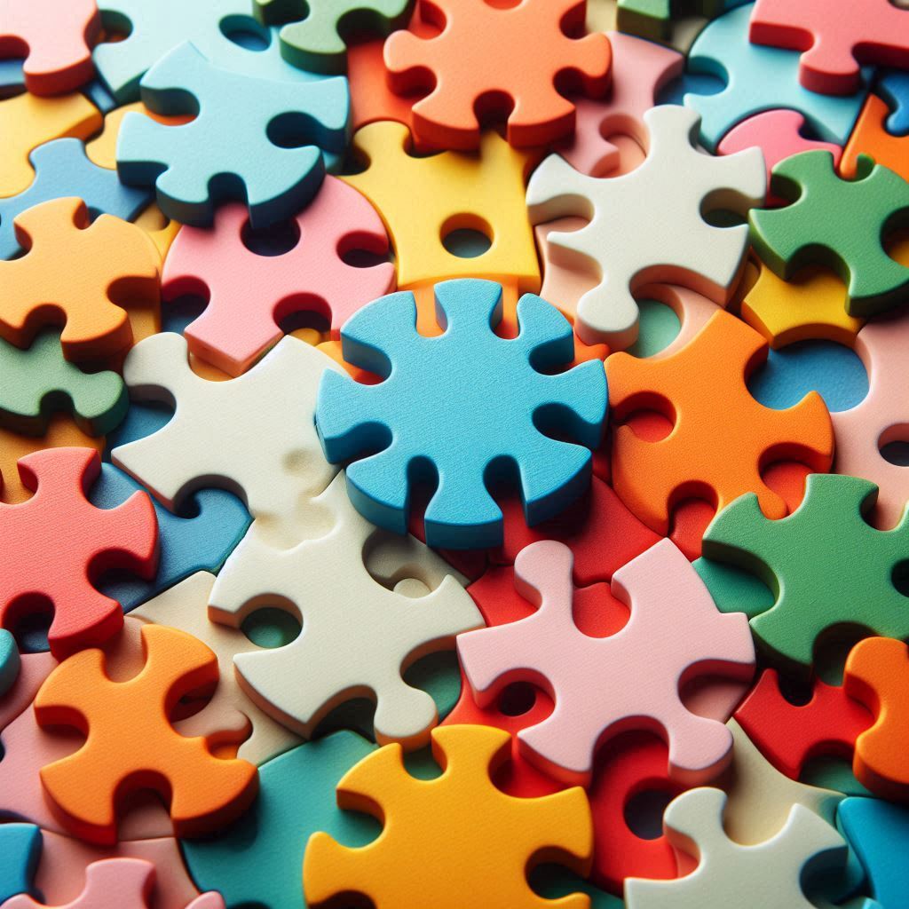 Close-up of colorful scattered jigsaw puzzle pieces