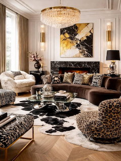 Elegant living room with animal print decor, crystal chandelier, cowhide rug, and marble fireplace