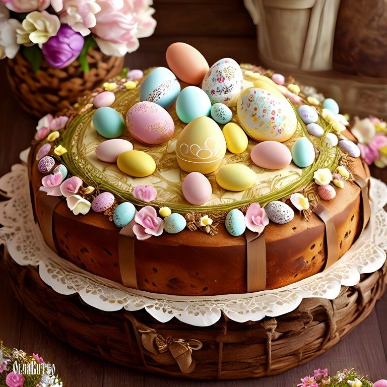 Round cake topped with colorful Easter eggs and pink flowers on decorative stand