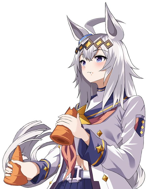 Oguri Cap anime character with silver hair and horse ears in white and blue star-accented uniform