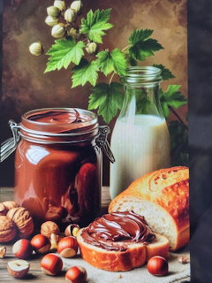 Jar of chocolate hazelnut spread with milk bottle, bread, hazelnuts, and walnuts on wooden table