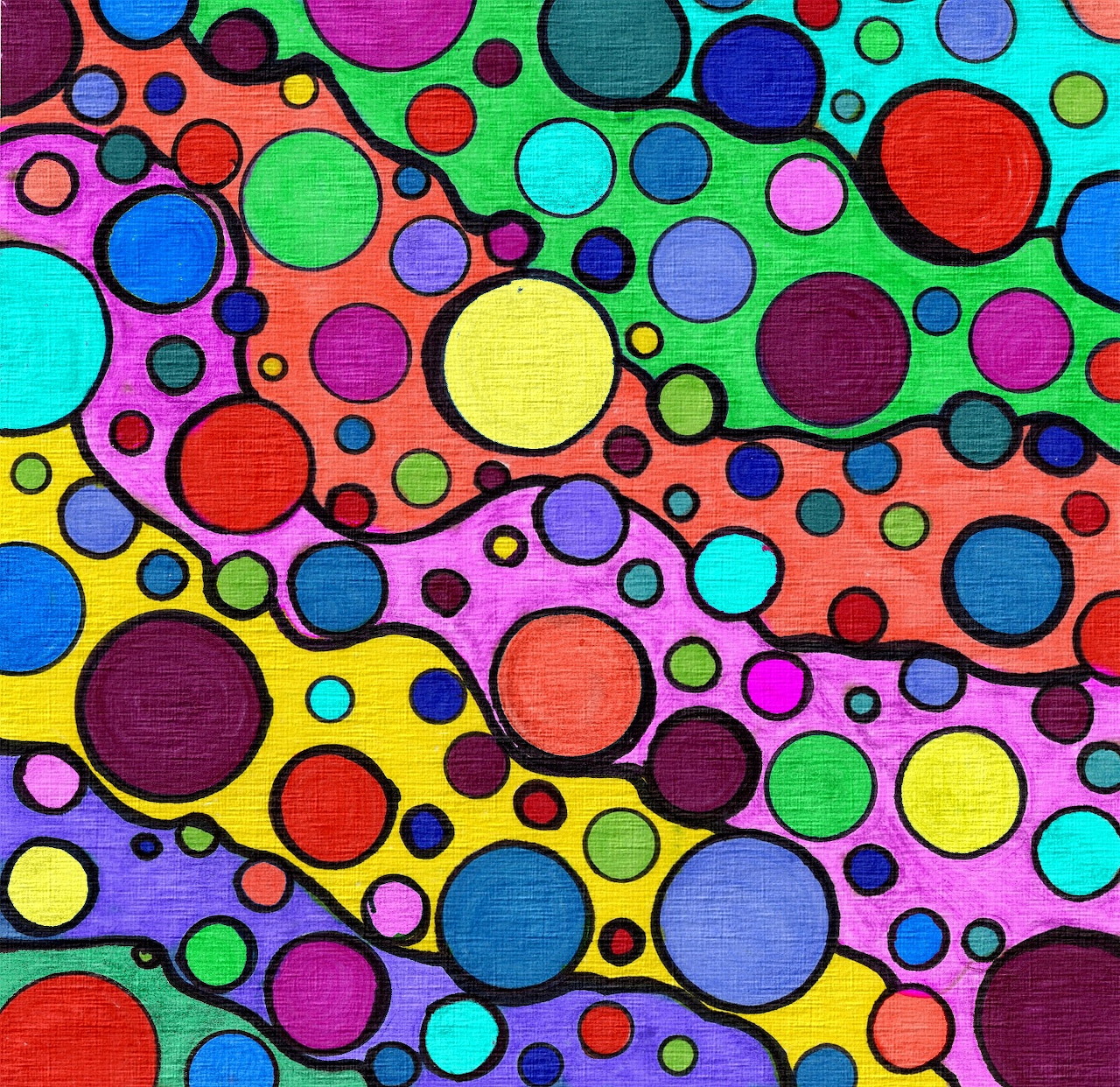 Abstract pattern of colorful overlapping circles in various sizes on multicolored background