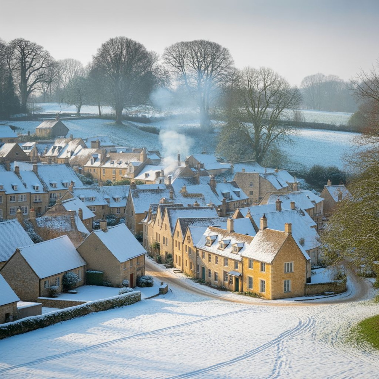 Snow-covered Cotswold village with stone houses, bare trees, and frosty fields in winter