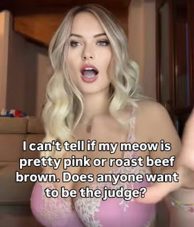 Blonde woman in pink top with open mouth expression and overlaid white meme text