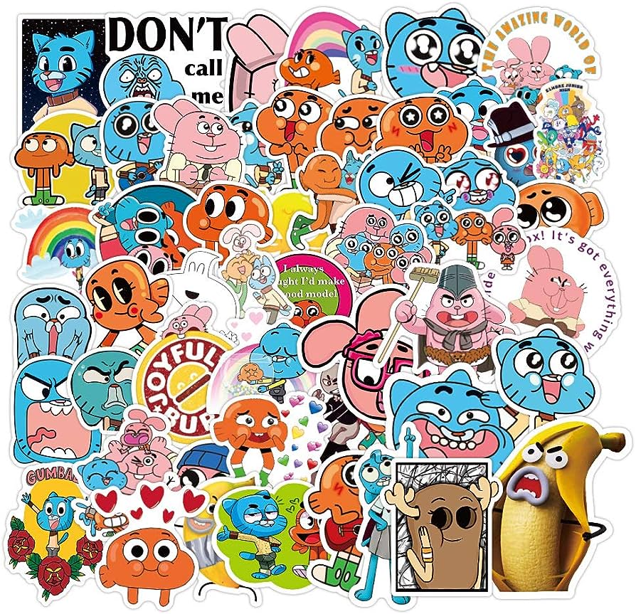 Colorful collage of cartoon character stickers on a white background