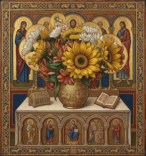Religious icon painting with sunflowers in a gilded vase on an altar, saints in arched niches behind, open book beside.