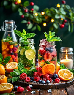 Mason jars of fruit-infused water with mint, berries, and citrus on a wooden table with festive greenery