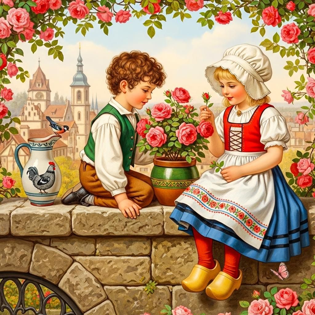 Boy and girl in folk dress holding roses by stone wall with pitcher and flower arch