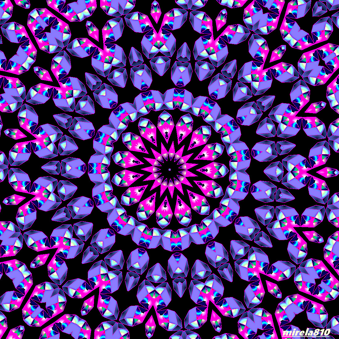 Vibrant purple and pink mandala with symmetrical floral patterns radiating from center on black background