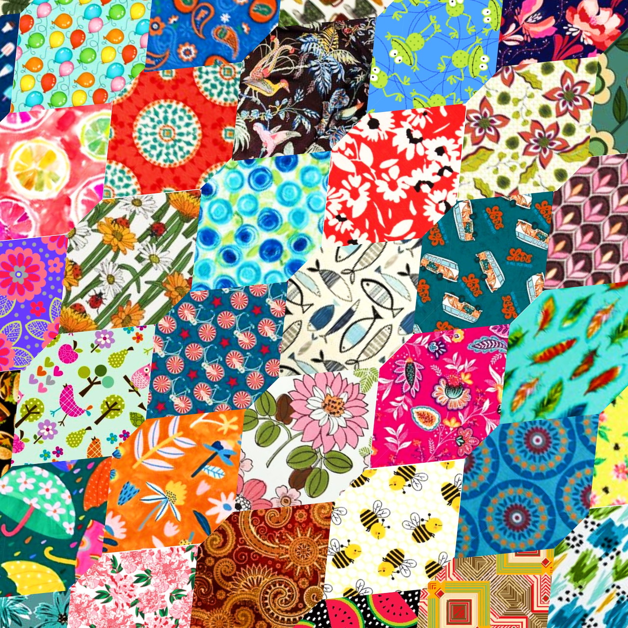Colorful patchwork quilt made of various patterned fabric squares with florals, dots, and geometric designs