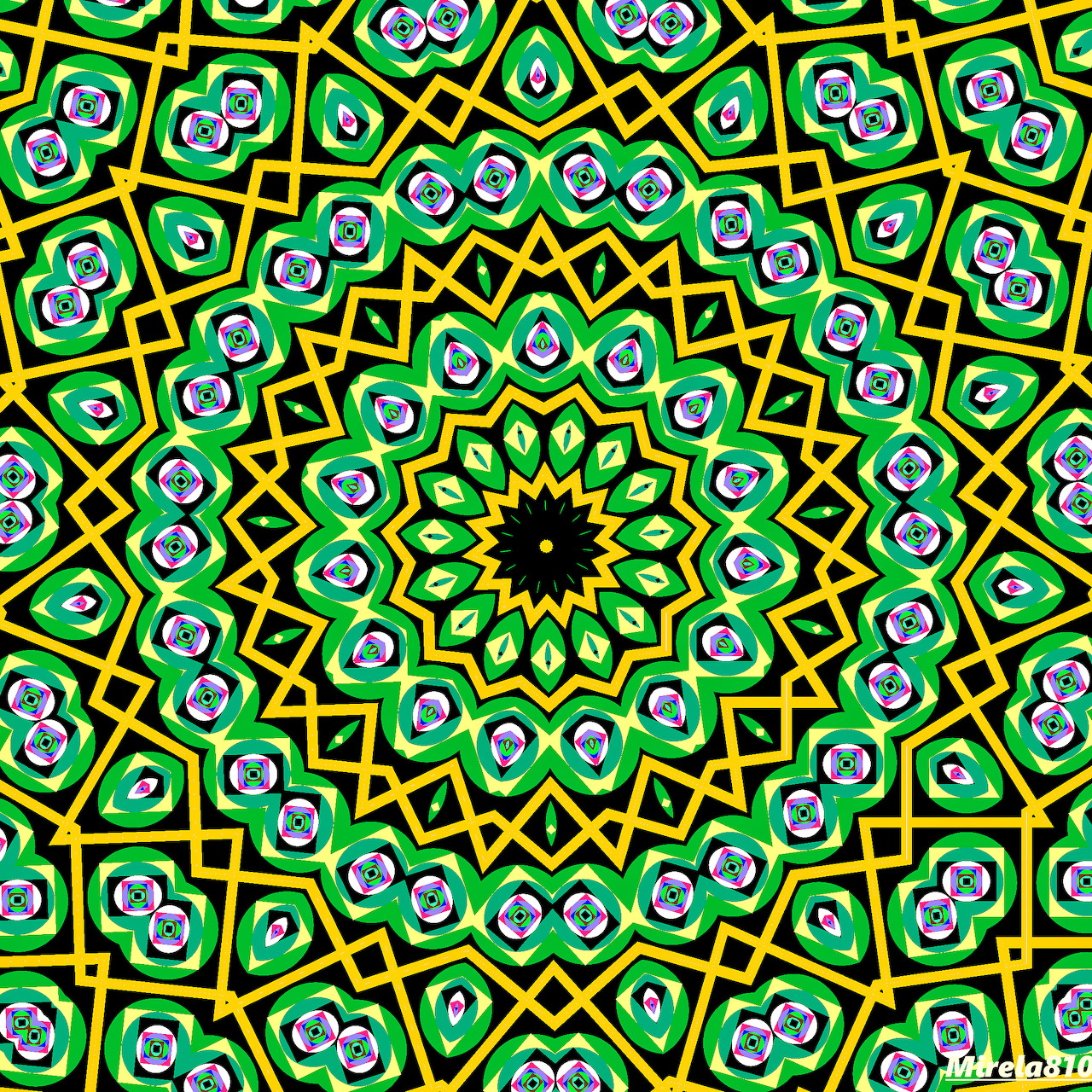 Symmetrical mandala with green, yellow, and turquoise geometric patterns radiating from center