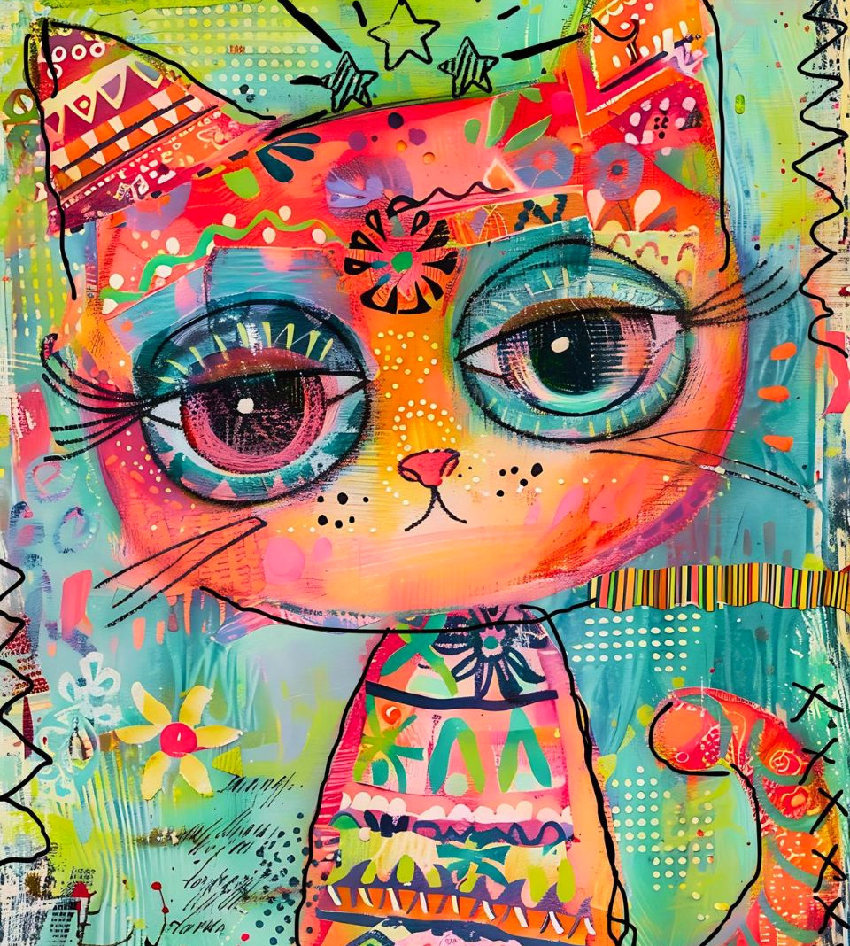 Colorful illustrated cat with large eyes, patterned clothes, and bright abstract textures