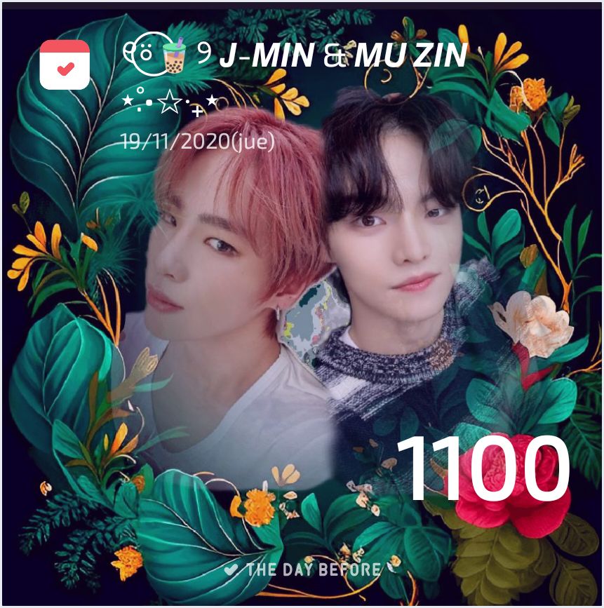 Two young men in a floral leafy frame on a dark background with decorative text and number 1100