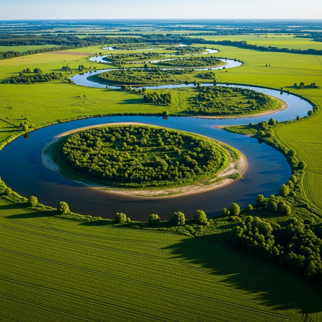 Aerial view of a meandering river through green farmland and forests