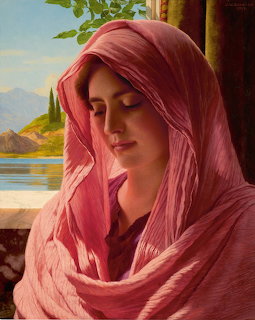 Classical painting of a woman in a pink shawl beside a lake and mountains