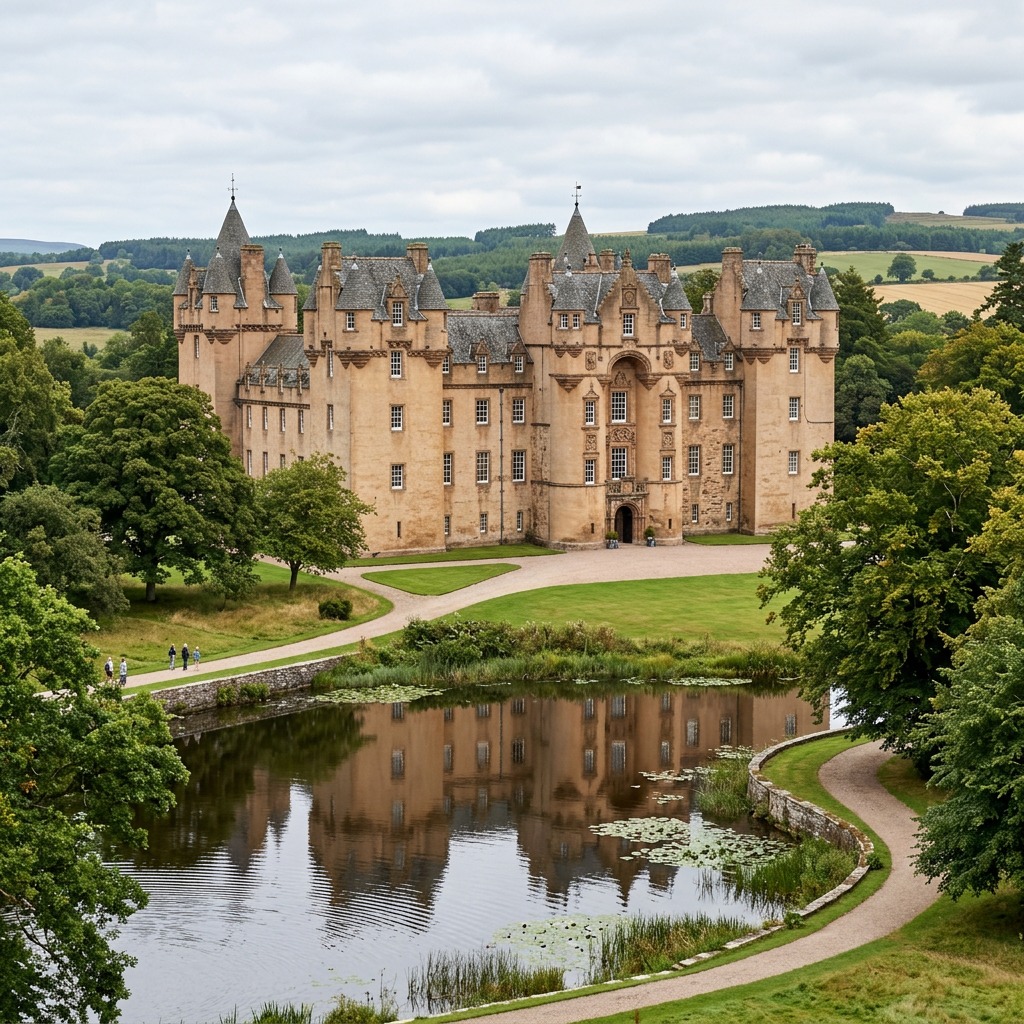 Fyvie Castle, a historic Scottish castle with multiple turrets, surrounded by lush grounds and a reflecting pond