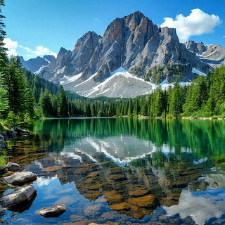 Rocky mountain peaks reflected in a clear alpine lake surrounded by pine trees