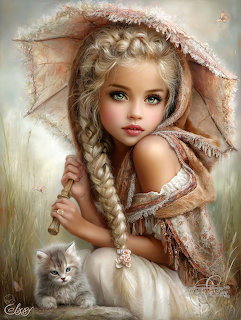 AI illustrated young girl with braided hair and lace parasol holding a gray kitten outdoors