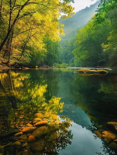 Peaceful river scene with fall trees, rocks, and mountains reflected in still water