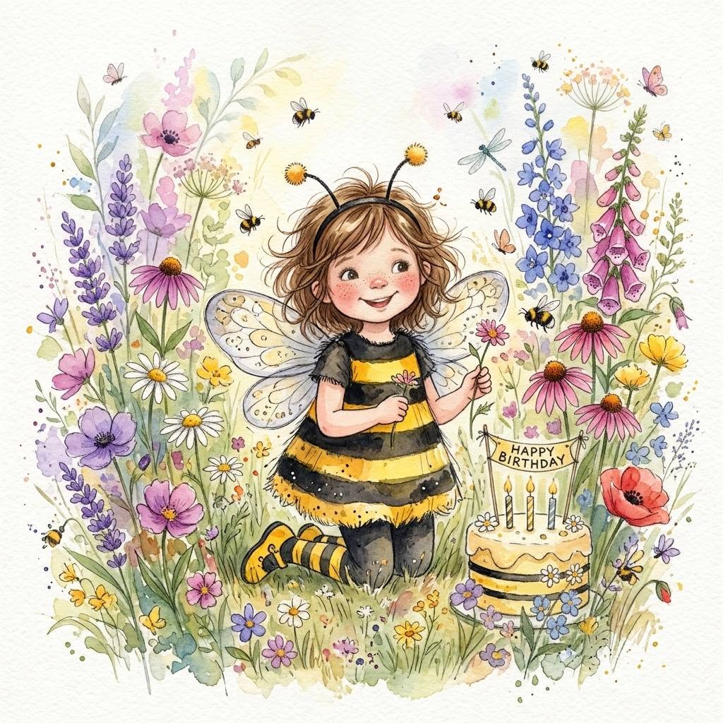 Bee-costumed fairy with wings beside a birthday cake in a colorful wildflower garden.