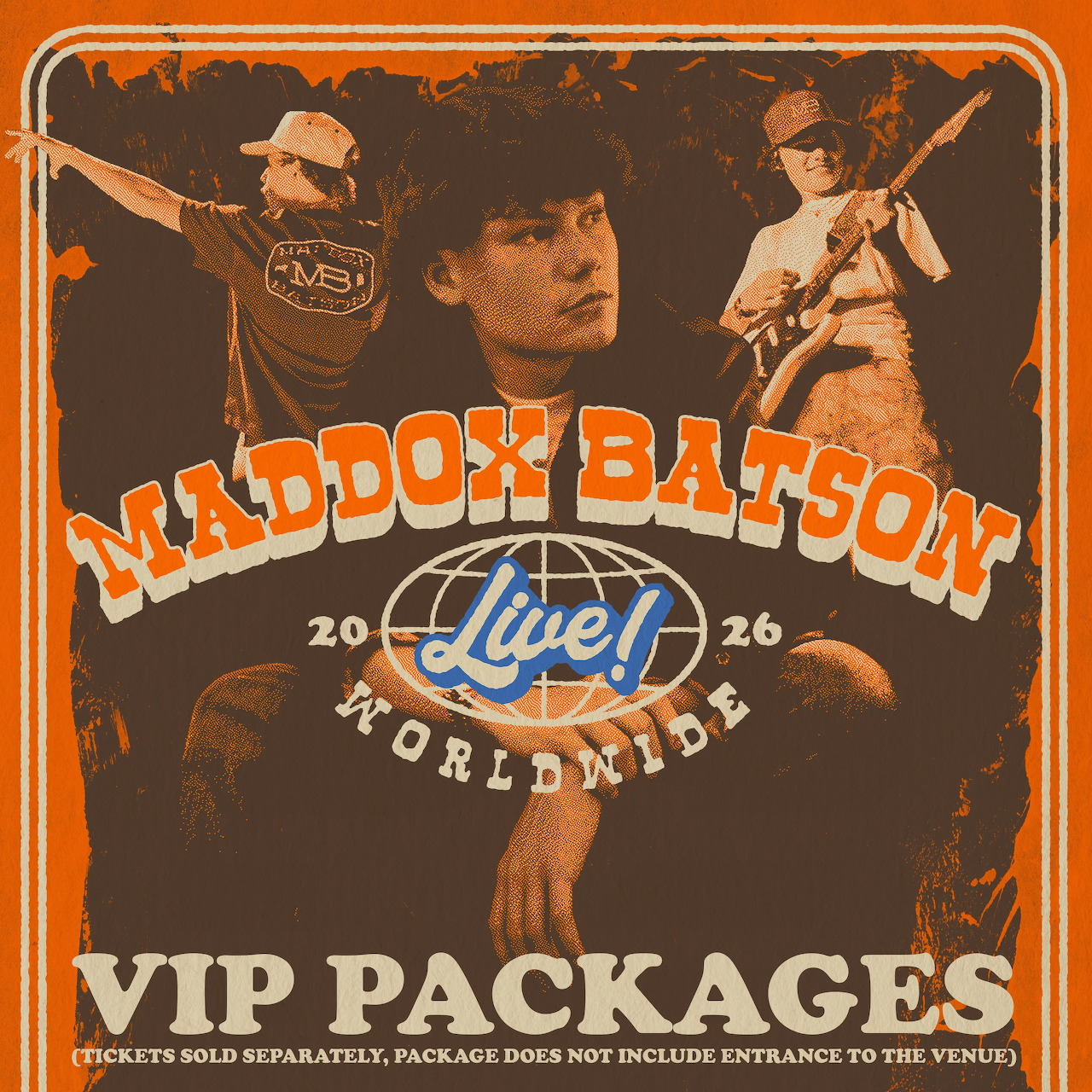 Vintage-style Maddox Batson concert poster with three photos and VIP packages text