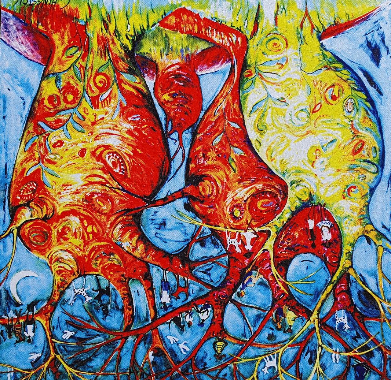 Colorful abstract painting showing intertwined human figures with swirling red, blue, and yellow forms