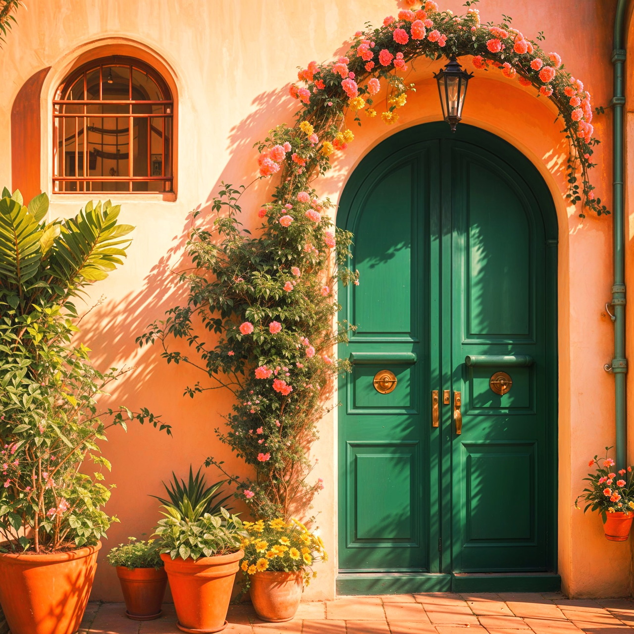 Green arched door with colorful flower arch on orange Mediterranean building with potted plants and window