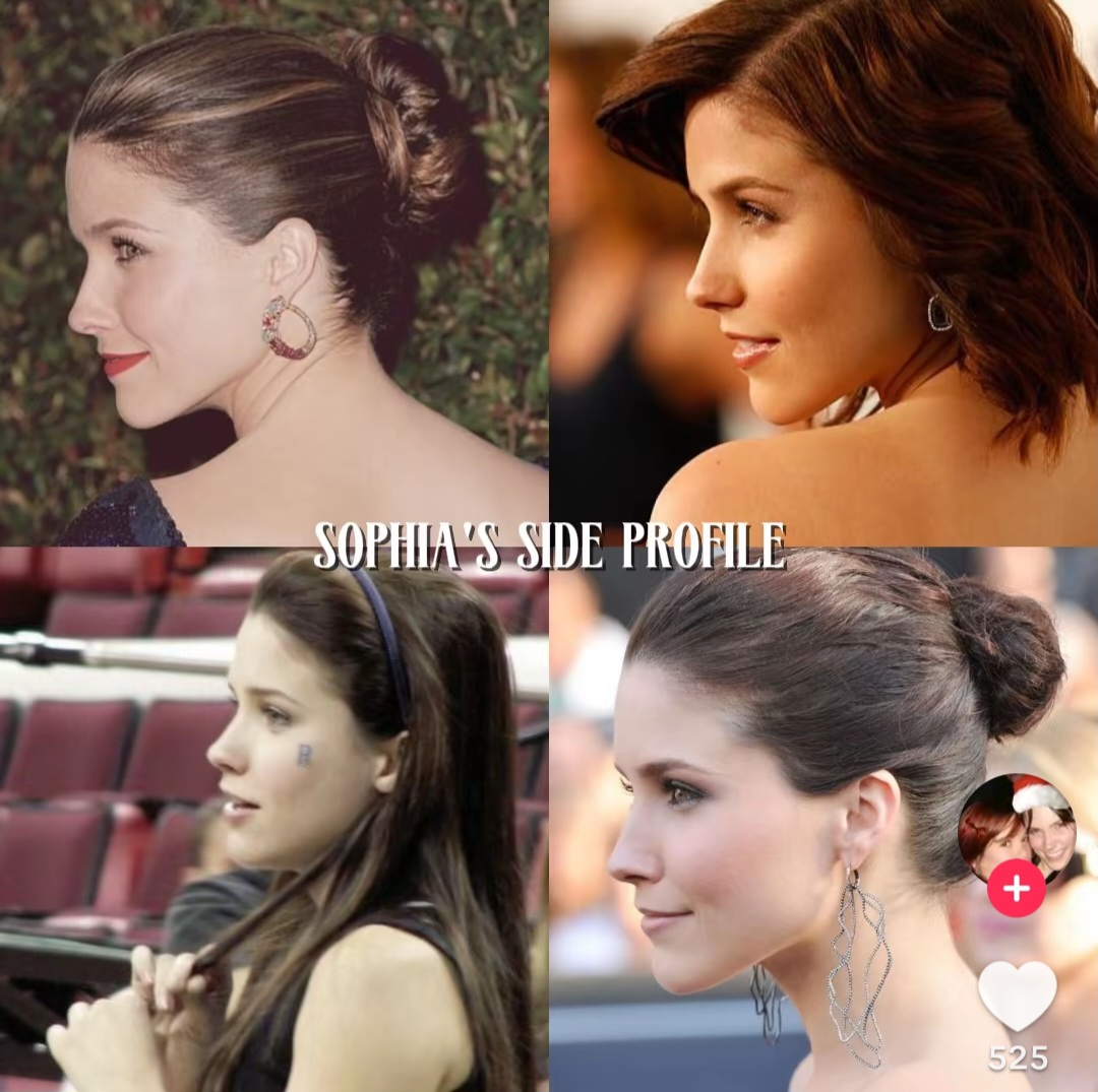 Four side profile photos of Sophia Bush with different hairstyles and earrings