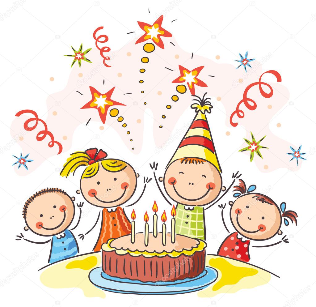 Four cartoon children celebrating birthday with cake, party hats, and colorful decorations