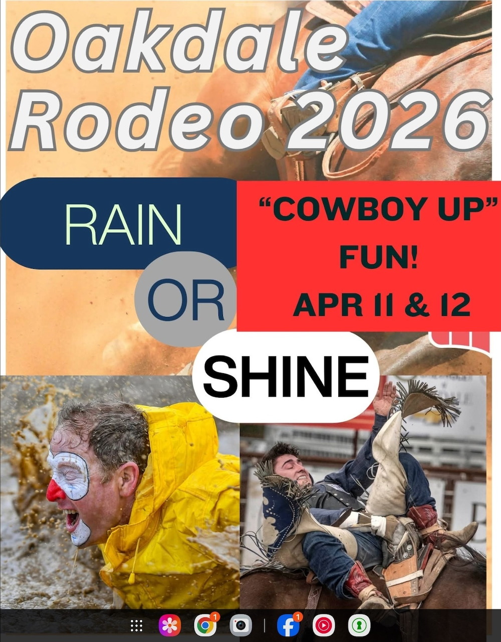 Oakdale Rodeo 2026 event poster with rodeo clown and bull rider, Rain or Shine, April 11 & 12