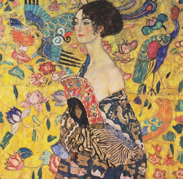 Gustav Klimt painting of a woman holding a fan with flowers and colorful birds on a golden background