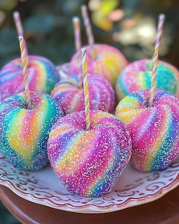 Rainbow colored candy apples with sugar coating and striped paper straws on white lace doily