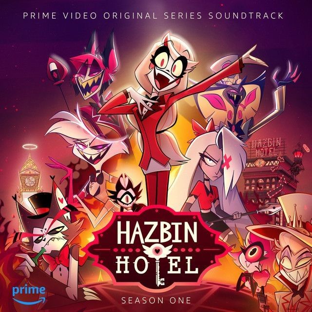 Colorful animated characters from Hazbin Hotel arranged around the show's logo on a fiery red background