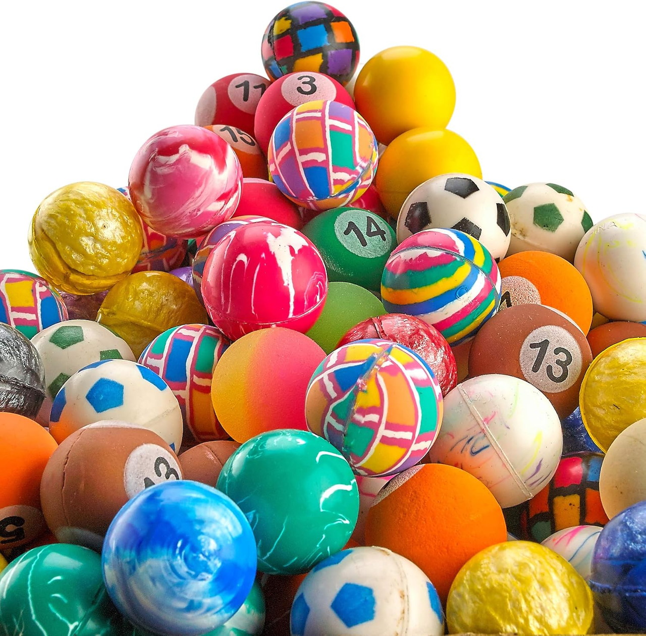 Pile of colorful balls in various sizes, patterns and styles including soccer balls, beach balls and decorative spheres