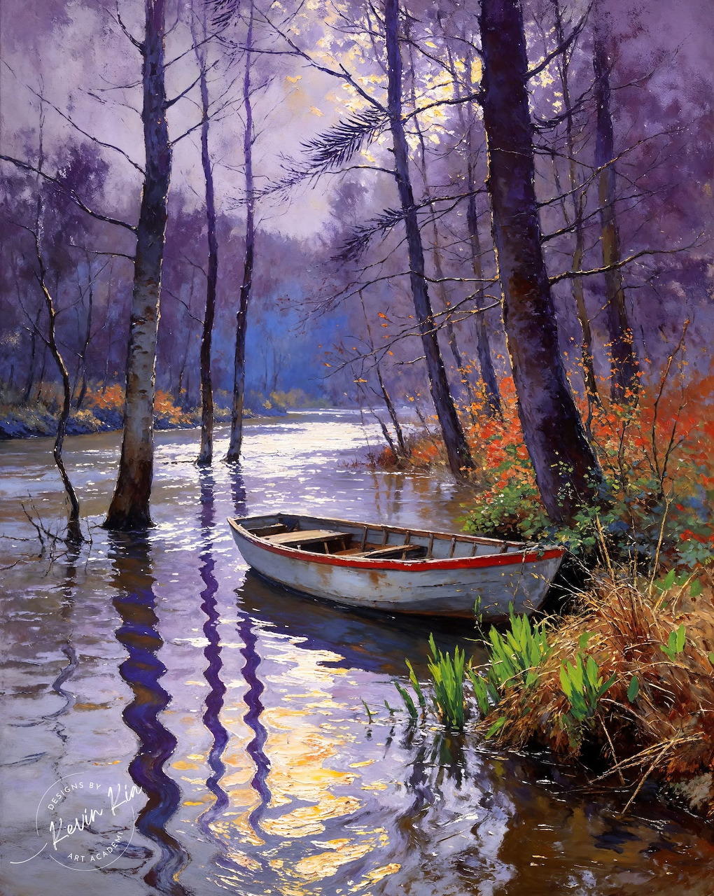 Small rowboat floating in calm water among tall trees in a flooded woodland scene