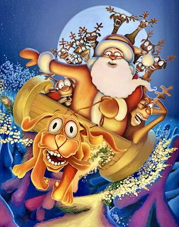 Cartoon dog pulling Santa's sleigh with reindeer under full moon in snowy night sky
